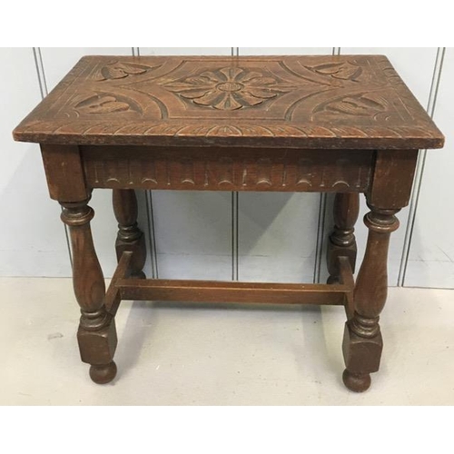 77 - A 19th century, carved oak side table, with turned legs & stretchered base, together with a later st... 