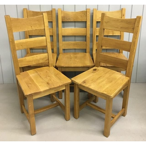 169 - A set of five, heavy oak dining chairs. Dimensions(cm) H108(49 to seat), W46, D54.