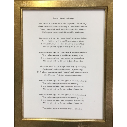 176 - A gold coloured, framed mirror (42cm x 30cm), together with a keepsake print of 'You Raise Me Up' (4... 