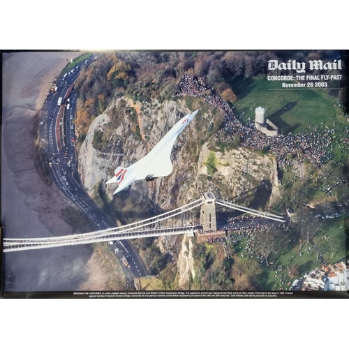 332 - A 'Daily Mail' 'The Final Fly Past' poster of Concorde flying over Clifton Bridge, 2003. Unframed, i... 