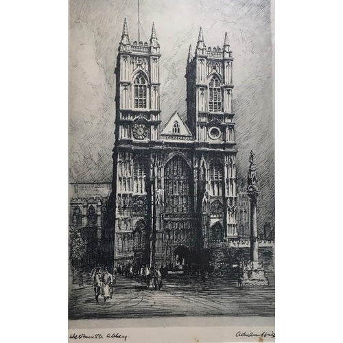 336 - Adrian Keith Graham Hill (British 1895-1977) - 'Westminster Abbey', signed/framed etching. Framed di... 