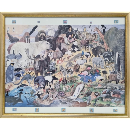 369 - A framed 'Nature in Art Trust' poster of various animals. Framed dimensions(cm) H54, W65.