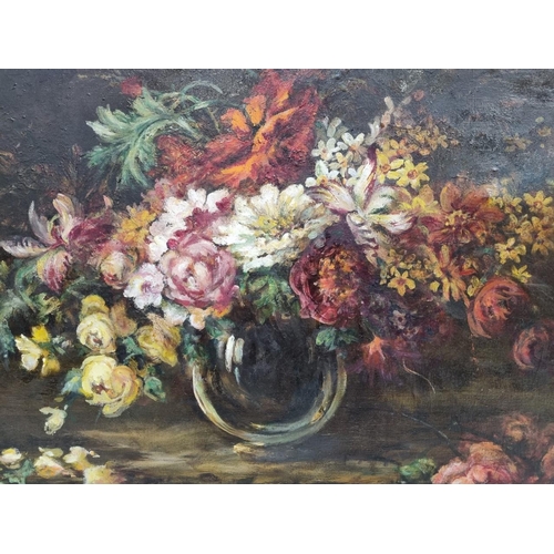 382 - An older, original oil still life painting of a mixed floral bouquet & vase. Unsigned. Framed dimens... 