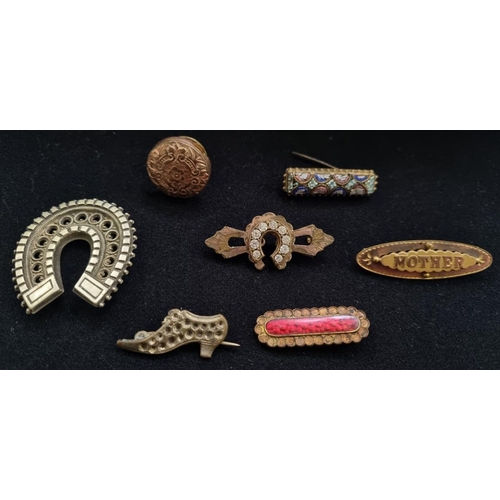 411 - A mixed lot of antique 'crafting' jewellery, mostly brooches. Includes a 'Mother' brooch with rose g... 