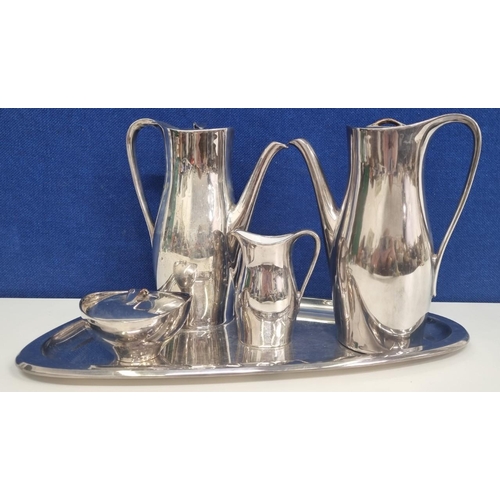 429 - A handsome, modernist five-piece, silver-plated coffee set, with inner ceramic liners. Unknown maker... 