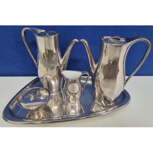 429 - A handsome, modernist five-piece, silver-plated coffee set, with inner ceramic liners. Unknown maker... 