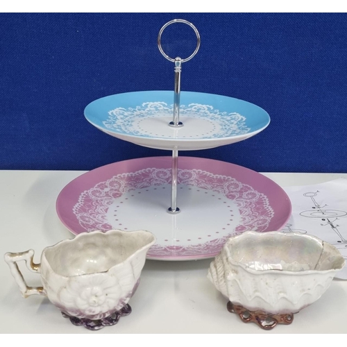 491A - A contemporary two tier blue & pink cupcake stand, together with a Victorian lusterware shell shaped... 