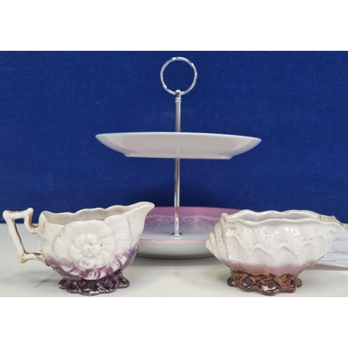 491A - A contemporary two tier blue & pink cupcake stand, together with a Victorian lusterware shell shaped... 