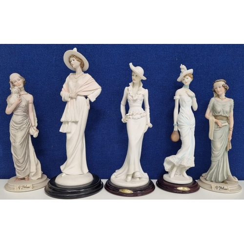 493 - A collection of five resin lady figurines. To include  'Capodimonte' Art Deco style examples, a 'Leo... 