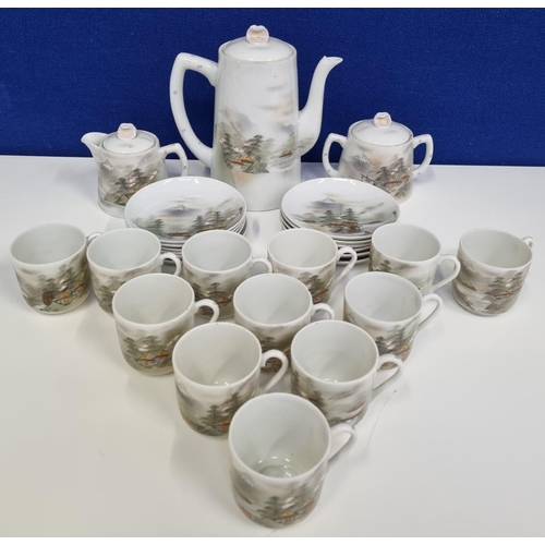 497C - A large, Japanese 'Kutani' lithophane coffee set, with geisha images to cup bases. Twenty seven piec... 