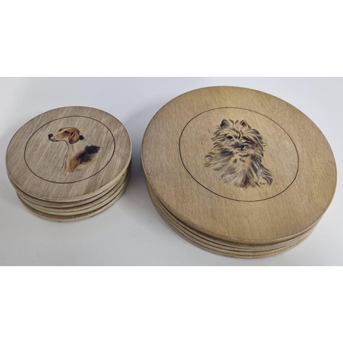 630 - A retro collection of finely hand-painted canine miniatures on five wooden coasters & six mats. Sign... 