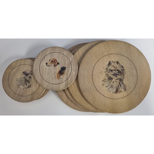 630 - A retro collection of finely hand-painted canine miniatures on five wooden coasters & six mats. Sign... 