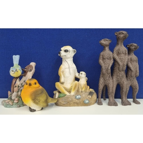 640 - Four garden ornaments, to include two groups of meerkats, a robin & a limited edition 'Blue Tit' by ... 