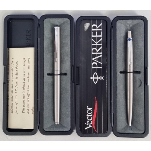 649 - Two original 'Parker' ballpoint pens in original boxes, with paperwork. 'Vector' and 'Arrow' models.