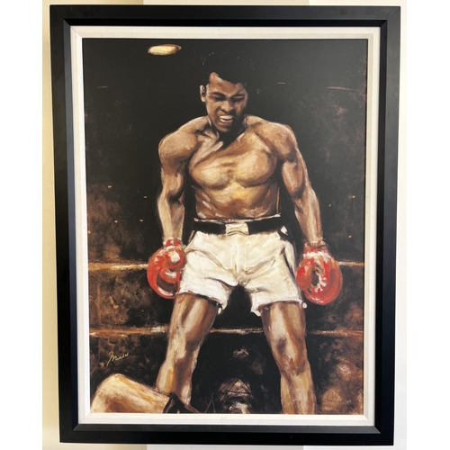 1684 - A very rare, Ronnie Wood (The Rolling Stones) framed, canvas print of Muhammad Ali, from 2002. The p...