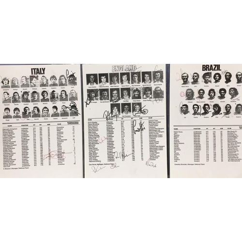 1695 - Three autographed & laminated football teamsheets from 1976. Signed by 40 England, Brazil & Italy pl... 