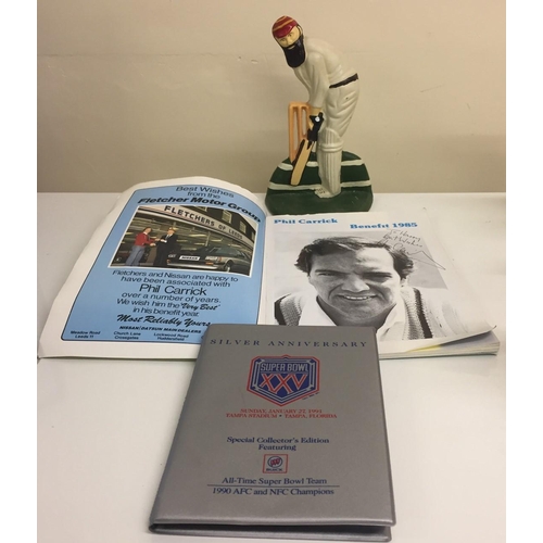 1697 - A signed Phil Carrick benefit year 85 programme, silver anniversary Superbowl cards & a metal cricke... 