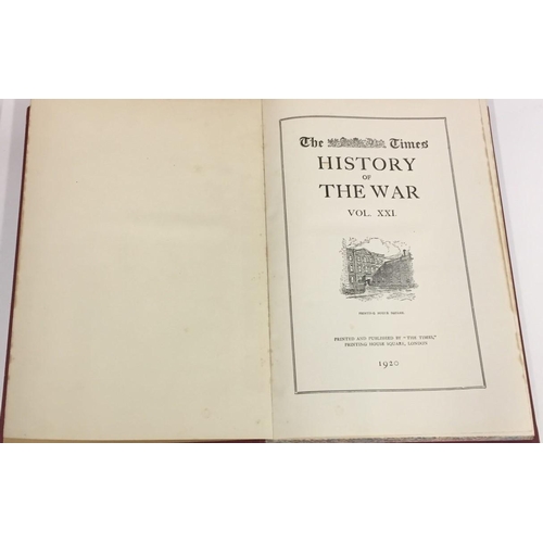 1746 - A set of 21 volumes of 'The Times History of The (First World) War'. Red covers, with gilt decoratio... 