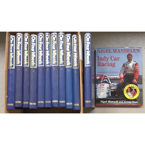 1764 - Eleven volumes of On Four Wheels by Orbis, together with a Nigel Mansell Indy Car Racing book.