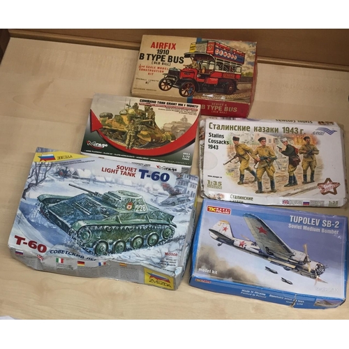 1810 - Five vintage, boxed model kits. Includes Airfix B Type bus, Tupolev SB-2, Grant Mk1 Tank 'Monty', So... 