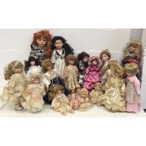 1841 - A collection of 19 unboxed porcelain dolls, including Knightsbridge. Some with stands.