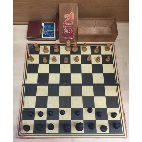 1917 - A Staunton boxwood chess set, together with a boxed set of vintage BP/Shell playing cards.