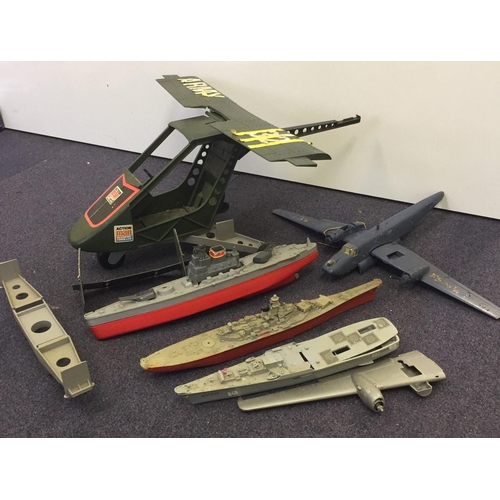 1927 - A selection of vintage toys, including Action Man helicopter & battleships.