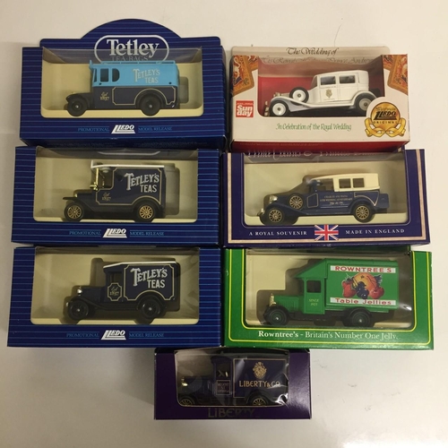 2331 - Seven Lledo, boxed promotional models. Tetley Teas 1920 Model T Ford van, 1932 Dennis delivery van &... 