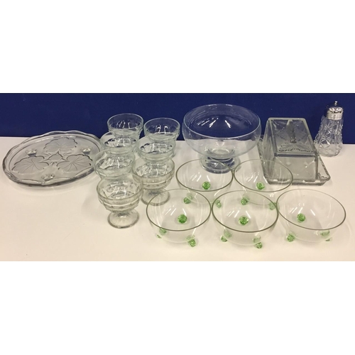 205 - A selection of sixteen items of vintage glassware. Includes 7 Jacobean trifle dishes, cake stand, ch... 