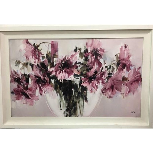 300 - An embelished print on board, after Nicole Pletts 'Pink Sunflowers', Framed dimensions(cm) 77x116.