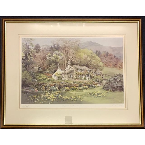 384J - Two signed, framed prints by Judy Boyes. Wyke Cottage, Daffodil Time & Woodland Footpath. Framed dim... 