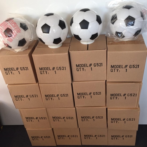 655 - A full box of 16, new/unused, glass novelty football design ceiling pendant lightshades. Height 17cm... 