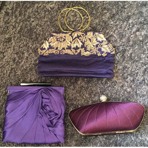 681 - Three evening bags/purses. Purple coloured, by Coast, maroon by Accessorize & another.