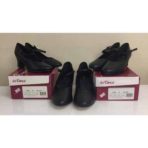 716B - Three pairs of new/unused, black professional dance shoes from So Danca, US sizes 4.5L, 8.5L & 10.5L... 