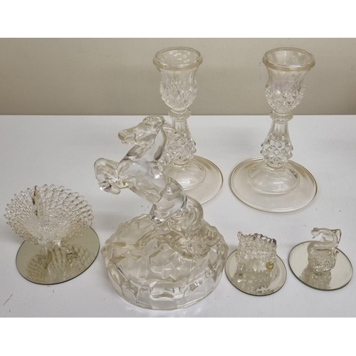 206A - An assortment of decorative glassware, to include a pair of candlesticks, together with a horse orna... 