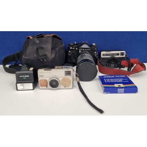 280 - A collection of vintage cameras & accessories. To include a 'Zenit 12' model, with a 'Sirius MC' f=2... 