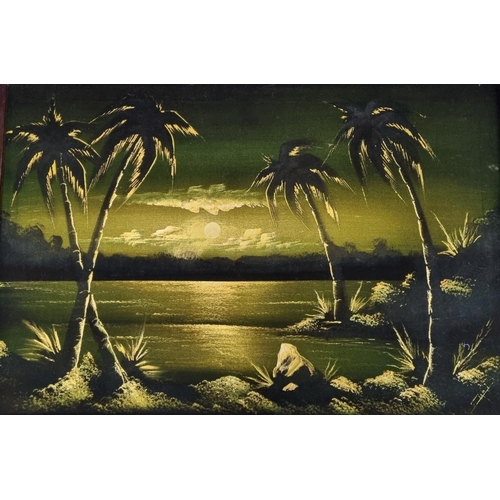 333 - A larger size, stretched black velvet oil painting of a tropical sunset, mounted in a decorative woo... 