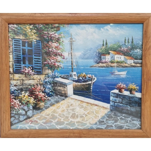 293 - An original impasto harbour scene painting, with vibrant colours. Signed by the artist. Framed dimen... 