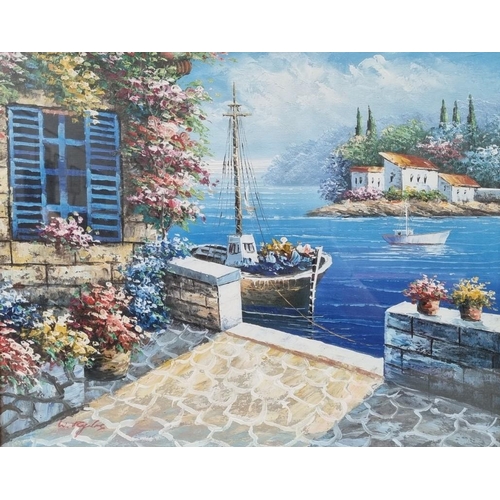 293 - An original impasto harbour scene painting, with vibrant colours. Signed by the artist. Framed dimen... 