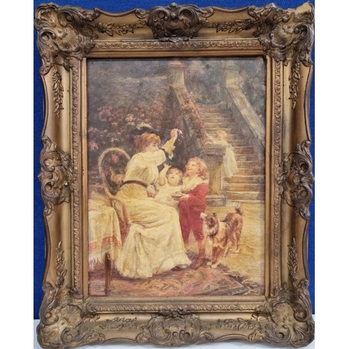 341 - A framed, textured print of a female figure blowing bubbles. Framed dimensions(cm) H54, W44.