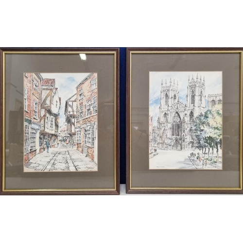 384 - Two framed 'York' prints, to include 'York Minster' & 'The Shambles', by P.B. Rennison. Framed dimen... 