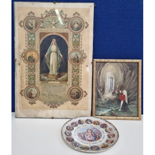 626 - A quantity of decorative Catholic artefacts. To include a framed consecration certificate (51.5cm le... 