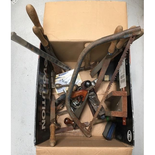 706 - A box of antique/vintage hand tools. Includes files, hammer, plane, mitre box etc.