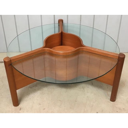 A rare 'Nathan' thermoformed coffee table from 1960's. The main structure is constructed from thermoformed plywood, with three glass sections. The centre tray can be removed completely, or adjusted to three different heights. Dimensions(cm) H47, W98, D98.