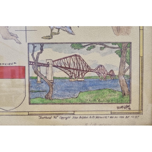 320 - A framed, hand-coloured pictorial map of Scotland. 1976, by 'Blue Dolphin Arts'. Dimensions(cm) H81,... 