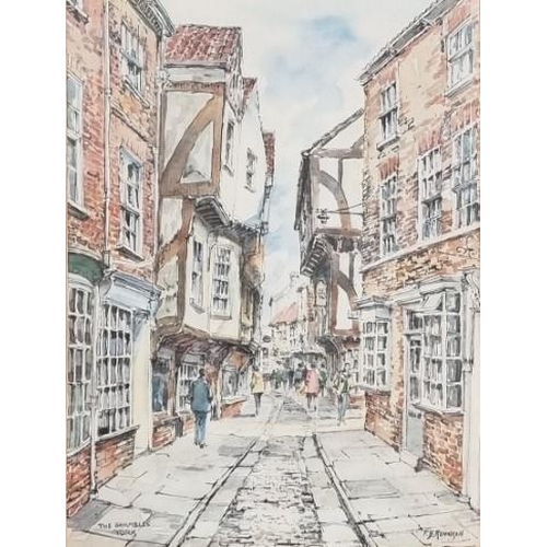 384 - Two framed 'York' prints, to include 'York Minster' & 'The Shambles', by P.B. Rennison. Framed dimen... 