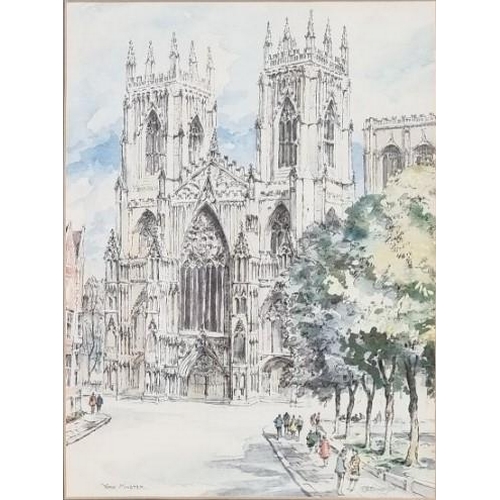 384 - Two framed 'York' prints, to include 'York Minster' & 'The Shambles', by P.B. Rennison. Framed dimen... 