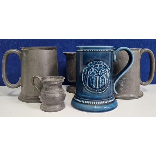 441 - A quantity of drinkware items featuring a rarer, local interest 'Prinknash' pottery blue glaze tanka... 