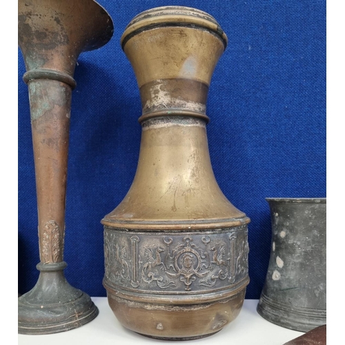 459 - A collection of brass & other metal ware. To include a brass neo-classical vase, horse brasses & a p... 