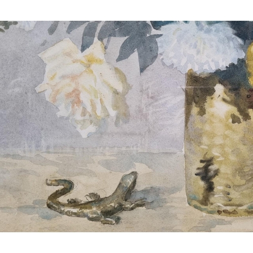 381 - An original watercolour floral still life & lizard. A skilfully painted piece, signed by the artist ... 